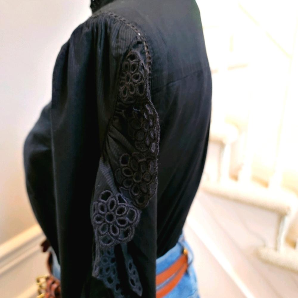 New! J Crew Sz M Ruffle-sleeve Top Embroidered Eyelet Black NWT - Picture 5 of 7